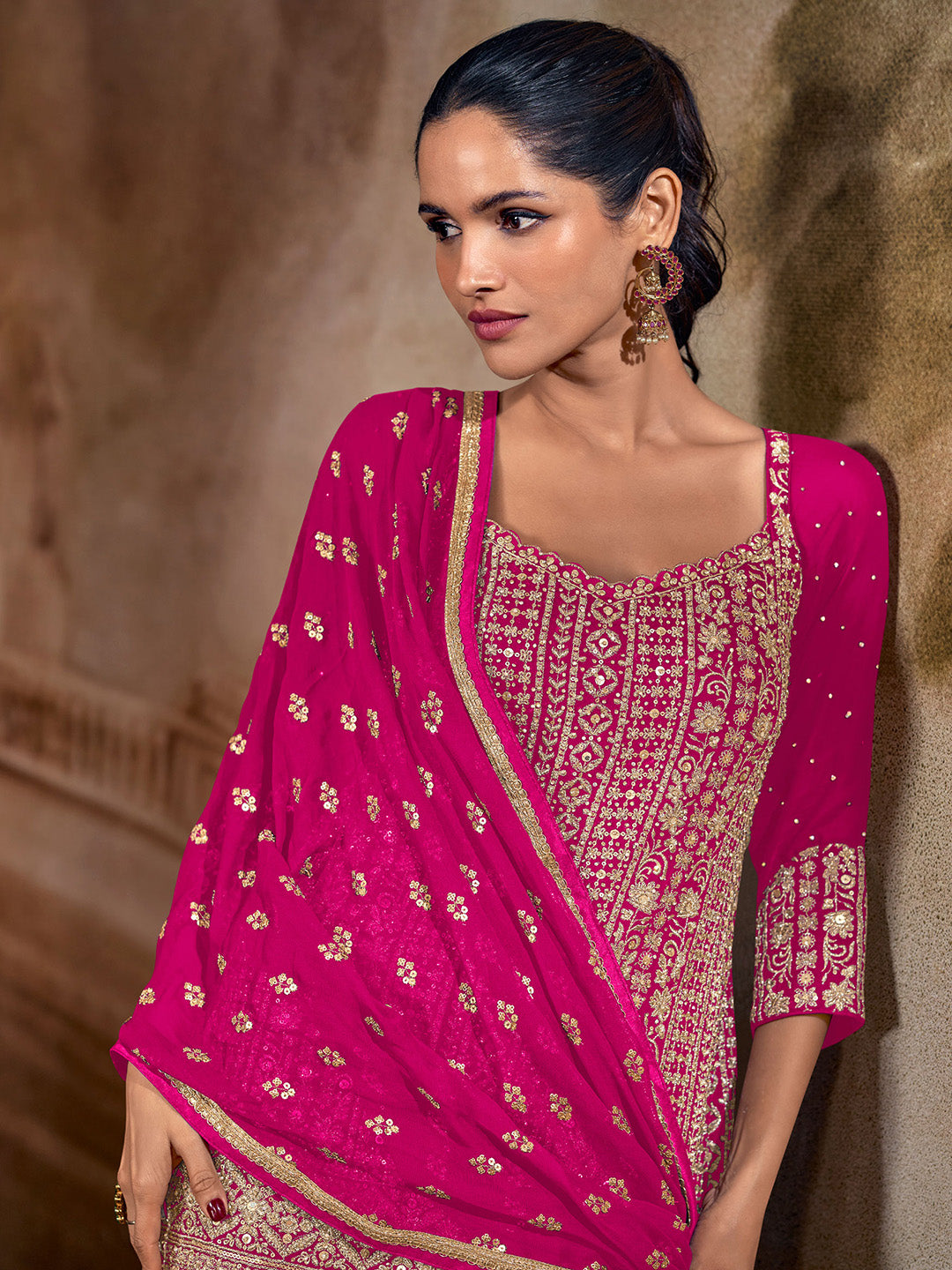 Rani Georgette Embroidered Straight Kurti With Palazzo &amp; Dupatta