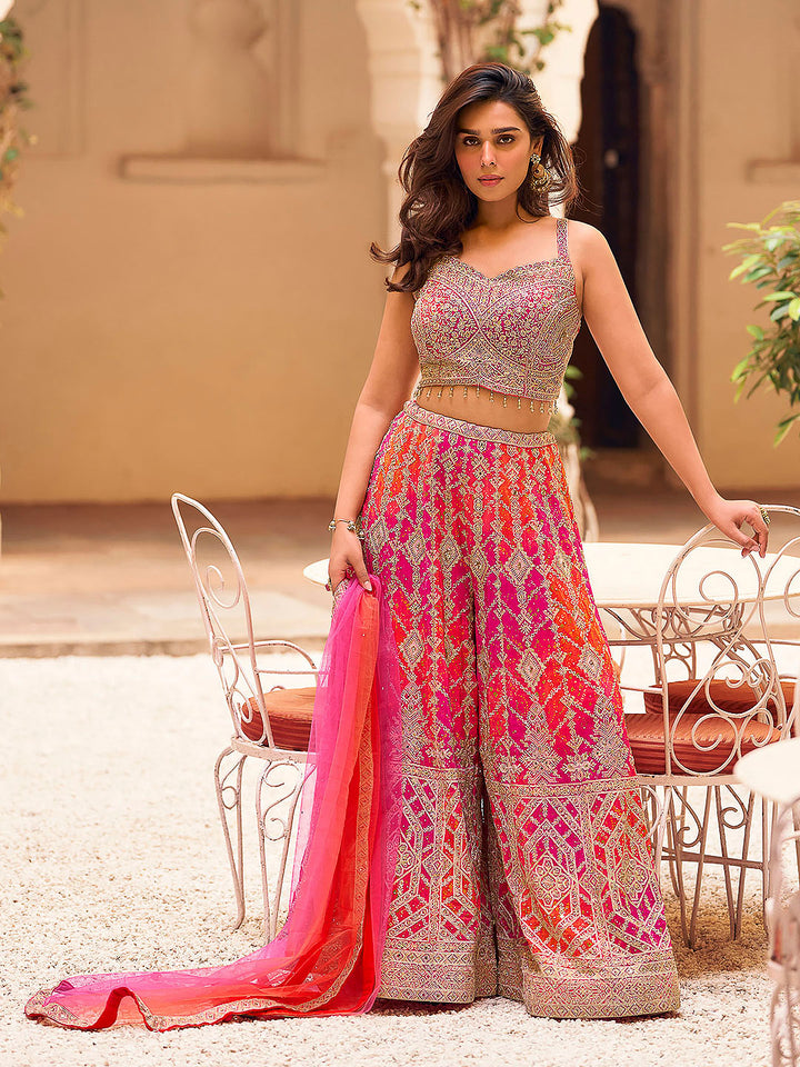 Rani-Pink Chinon Embroidered Blouse With Palazzo &amp; Dupatta