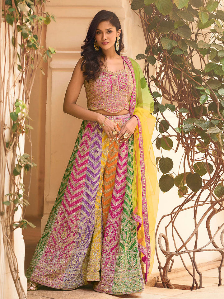 Pink Lt Chinon Embroidered Blouse With Palazzo &amp; Dupatta