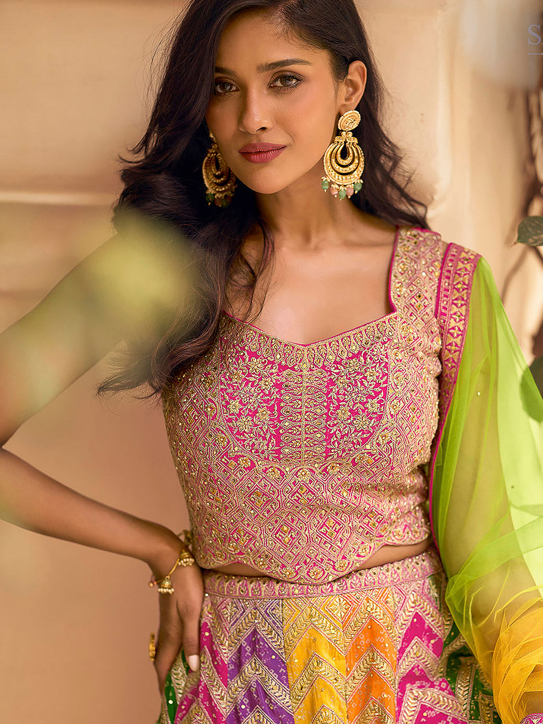 Pink Lt Chinon Embroidered Blouse With Palazzo &amp; Dupatta