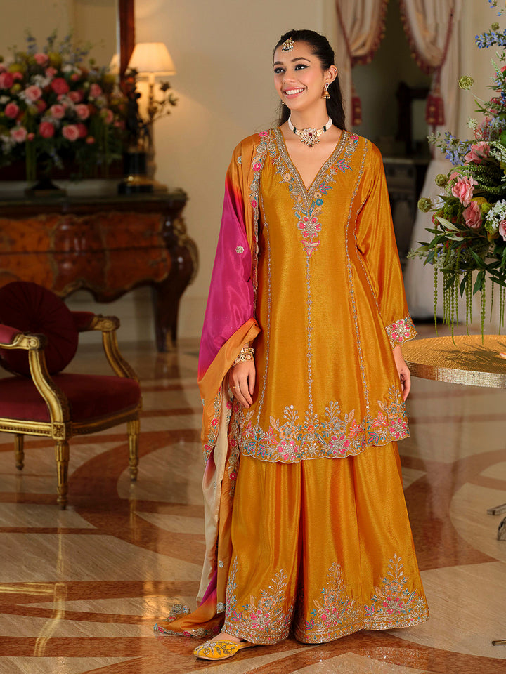 Yellow Chinon Embroidered Kurta With Palazzo &amp; Dupatta