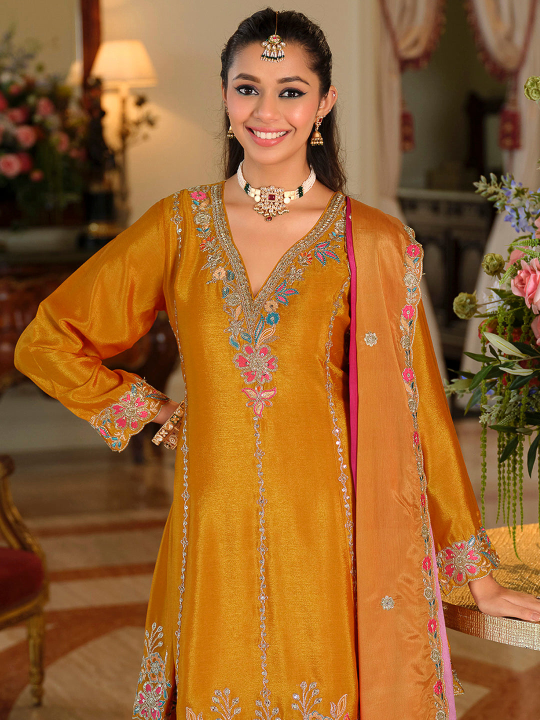 Yellow Chinon Embroidered Kurta With Palazzo &amp; Dupatta