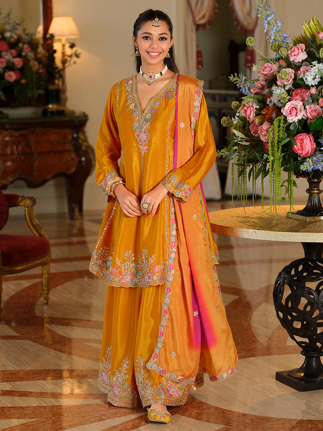 Yellow Chinon Embroidered Kurta With Palazzo &amp; Dupatta