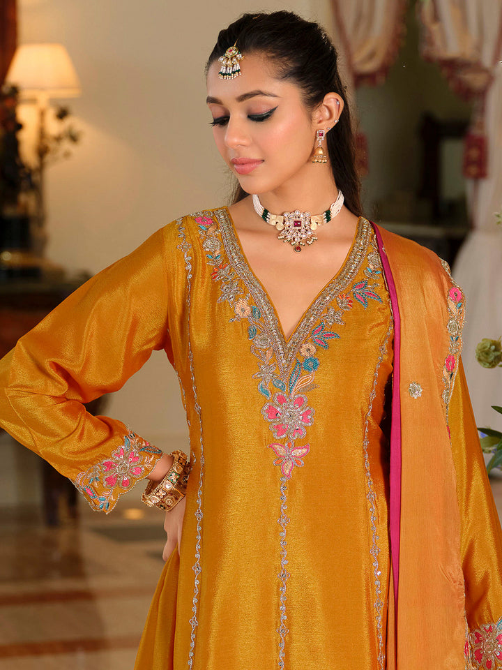 Yellow Chinon Embroidered Kurta With Palazzo &amp; Dupatta