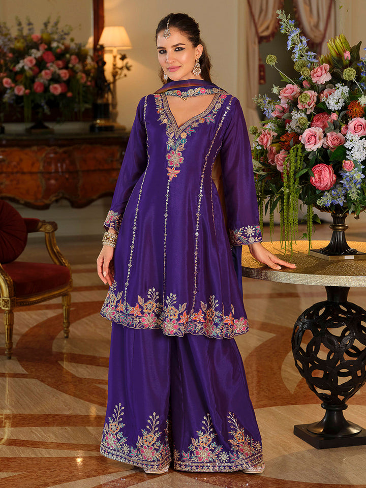 Purple Chinon Embroidered Kurta With Palazzo &amp; Dupatta