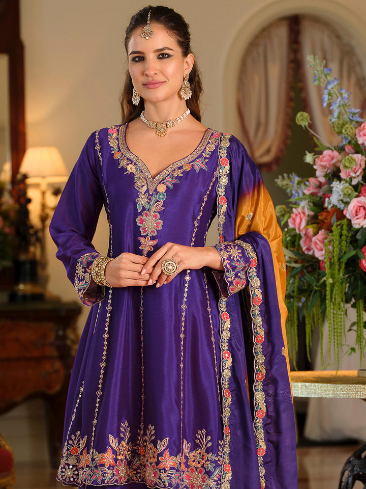 Purple Chinon Embroidered Kurta With Palazzo &amp; Dupatta