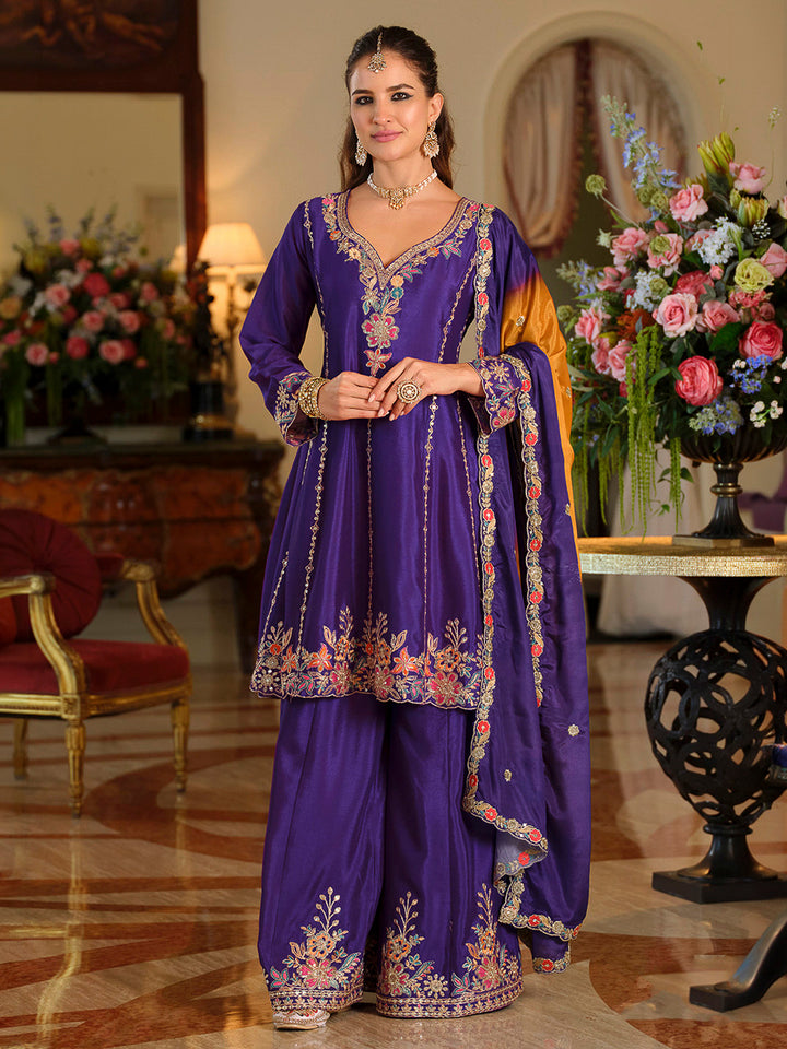 Purple Chinon Embroidered Kurta With Palazzo &amp; Dupatta