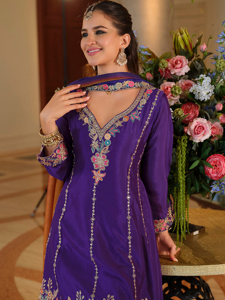 Purple Chinon Embroidered Kurta With Palazzo &amp; Dupatta