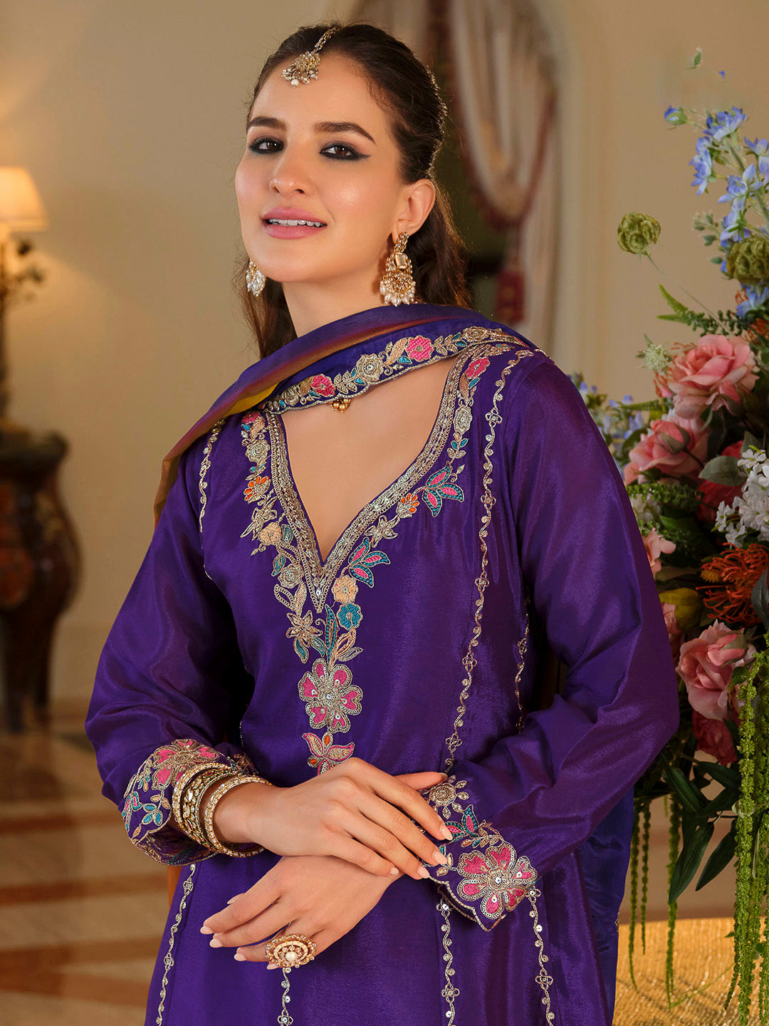Purple Chinon Embroidered Kurta With Palazzo &amp; Dupatta