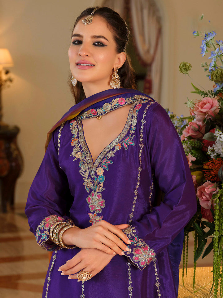 Purple Chinon Embroidered Kurta With Palazzo &amp; Dupatta