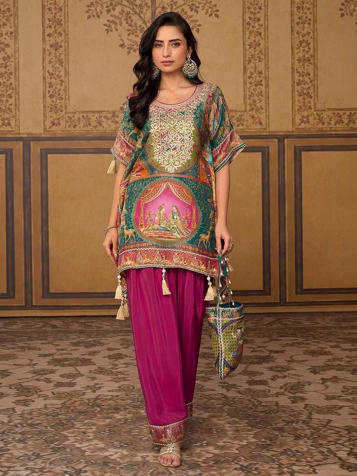 Multi-Colored Art Silk Printed Short Kaftan Style Kurti With Farsi Salwar