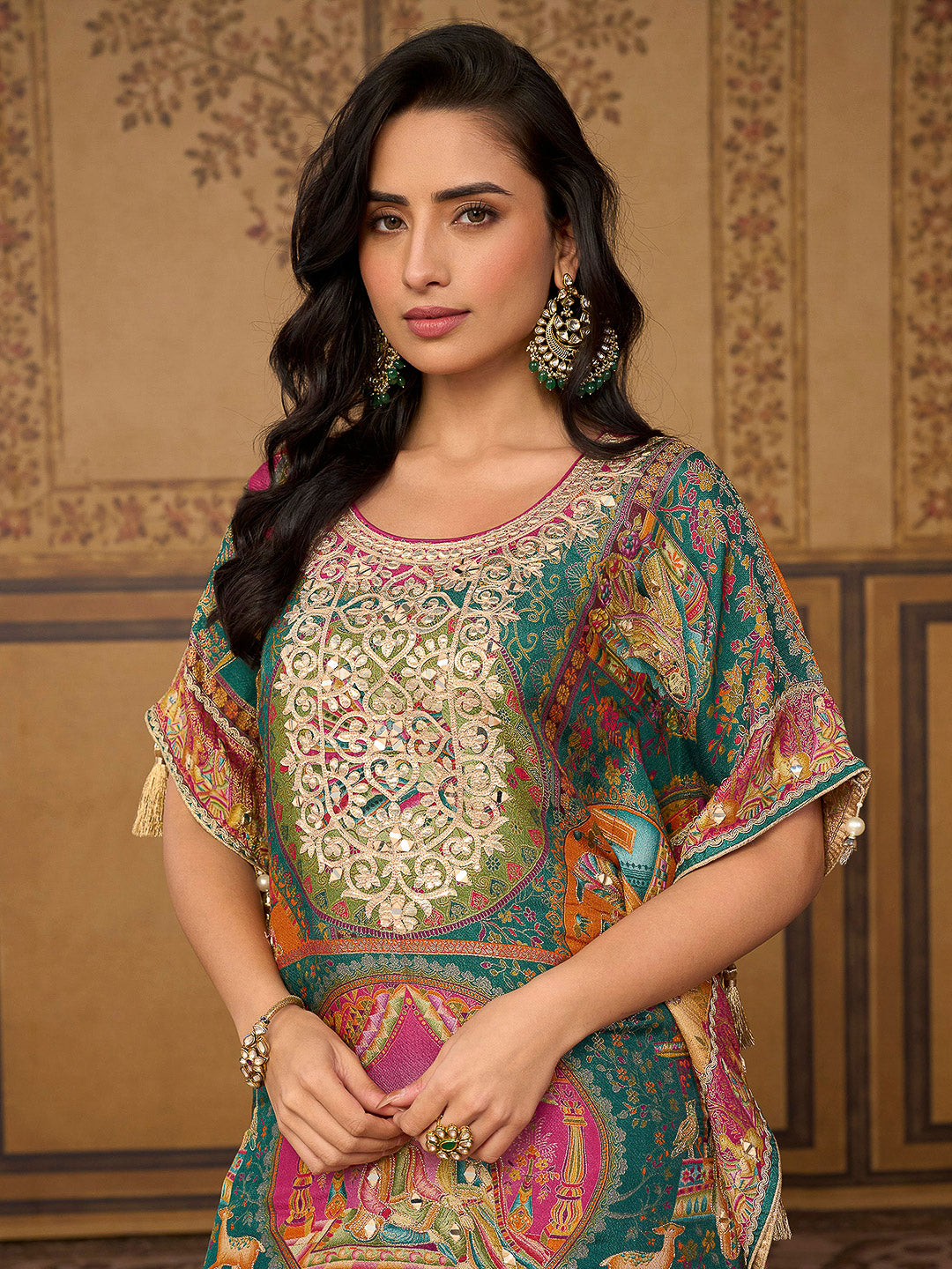 Multi-Colored Art Silk Printed Short Kaftan Style Kurti With Farsi Salwar