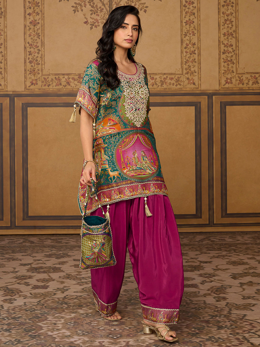 Multi-Colored Art Silk Printed Short Kaftan Style Kurti With Farsi Salwar