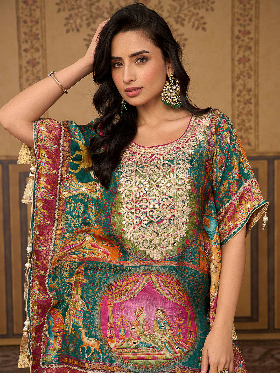 Multi-Colored Art Silk Printed Short Kaftan Style Kurti With Farsi Salwar