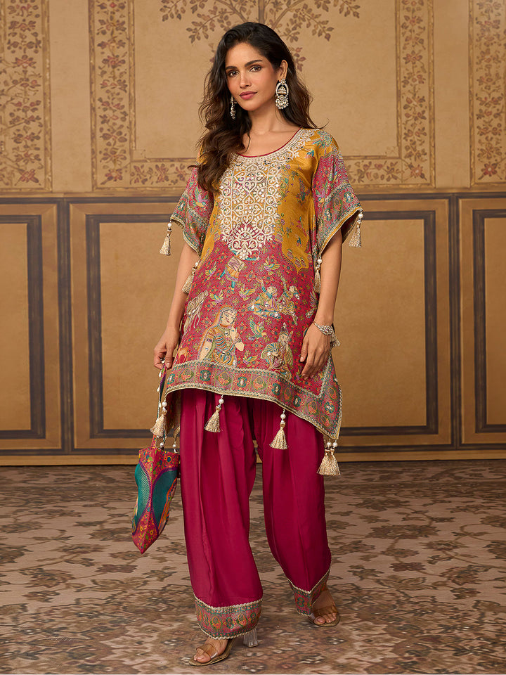 Multi-Colored Art Silk Printed Short Kaftan Style Kurti With Farsi Salwar