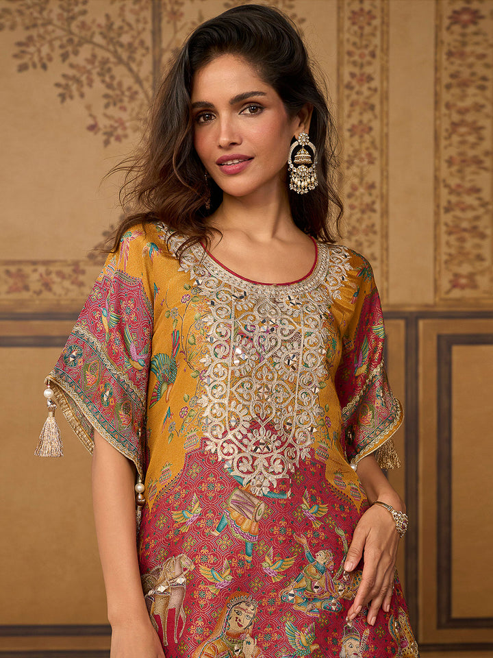 Multi-Colored Art Silk Printed Short Kaftan Style Kurti With Farsi Salwar