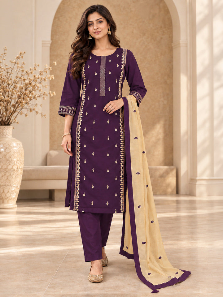 Purple Cotton Blend Embroidered Kurta With Pant &amp; Dupatta