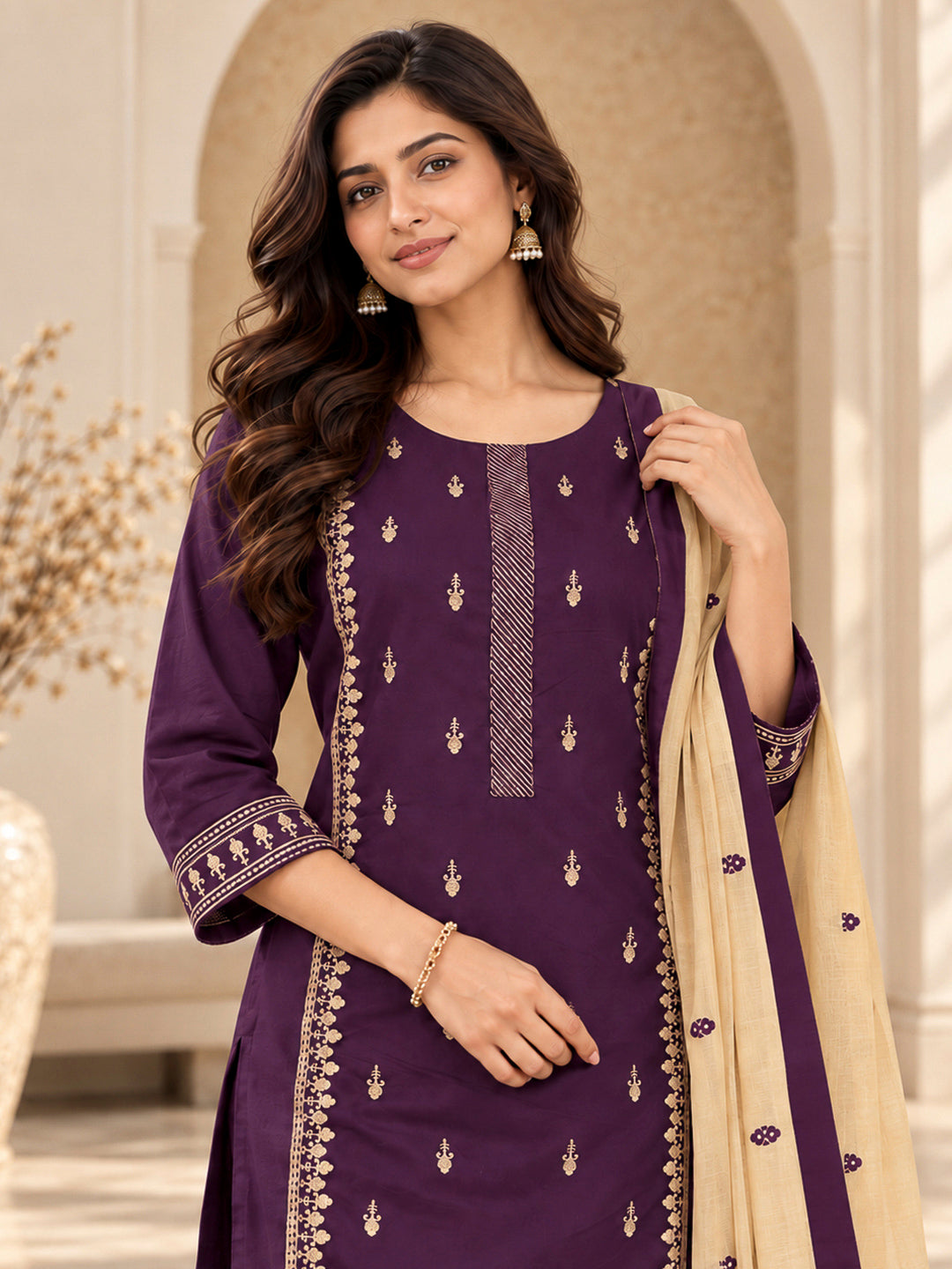 Purple Cotton Blend Embroidered Kurta With Pant &amp; Dupatta
