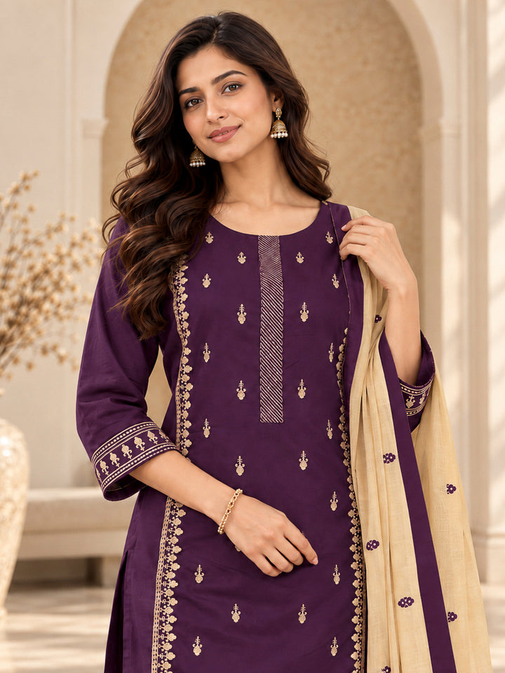 Purple Cotton Blend Embroidered Kurta With Pant &amp; Dupatta