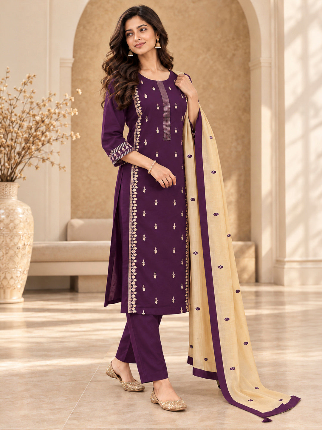 Purple Cotton Blend Embroidered Kurta With Pant &amp; Dupatta