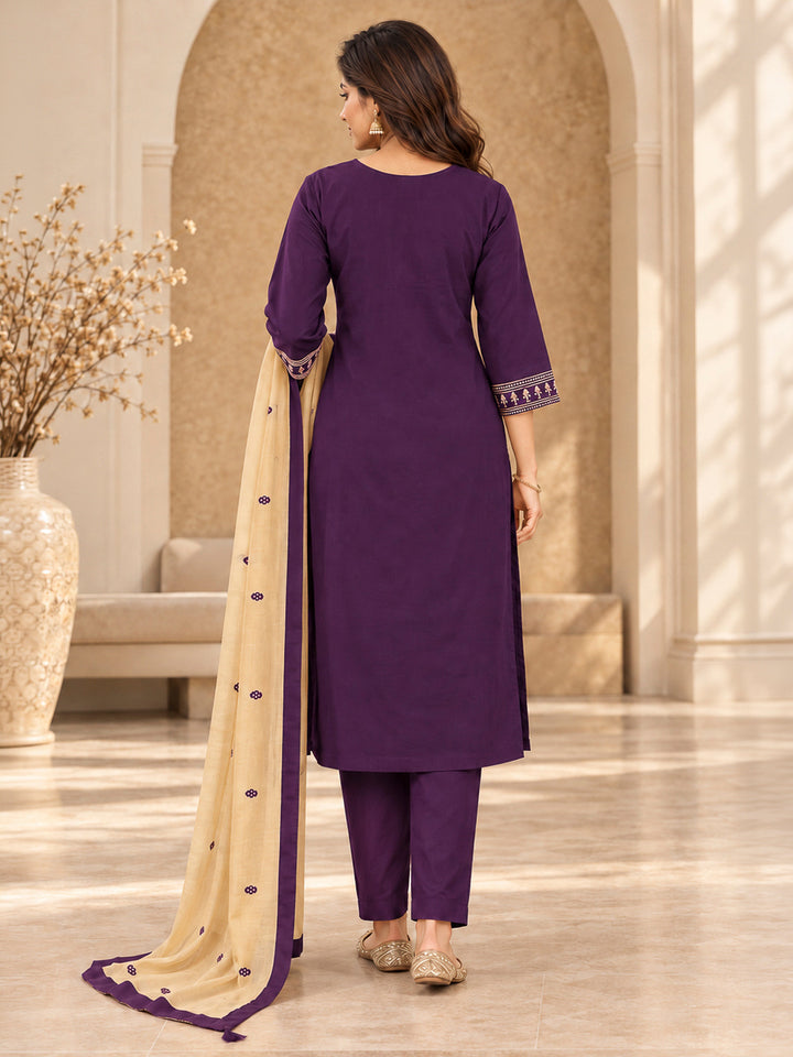 Purple Cotton Blend Embroidered Kurta With Pant &amp; Dupatta