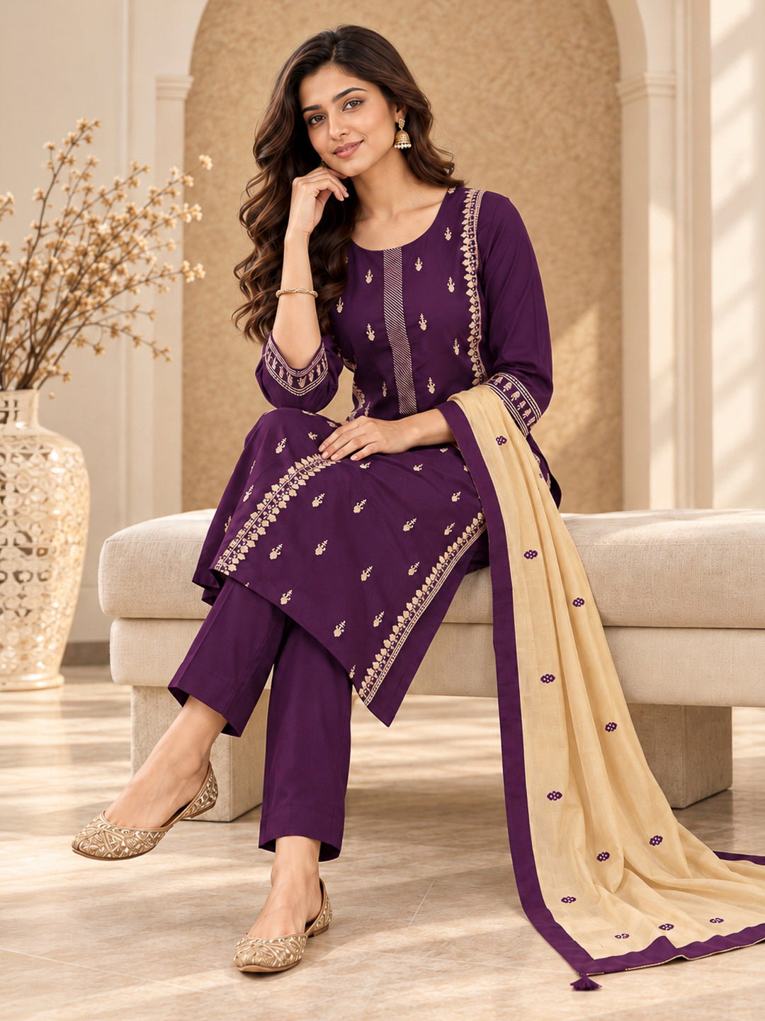 Purple Cotton Blend Embroidered Kurta With Pant &amp; Dupatta