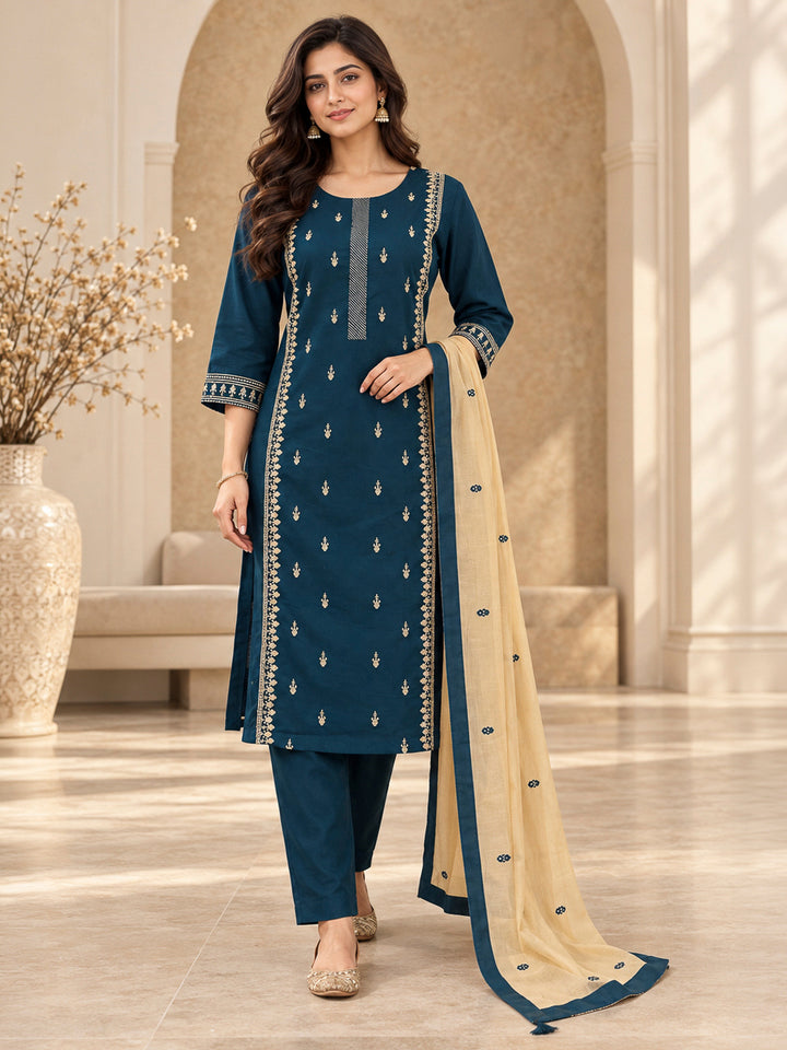 Teal Blue Cotton Blend Embroidered Kurta With Pant &amp; Dupatta