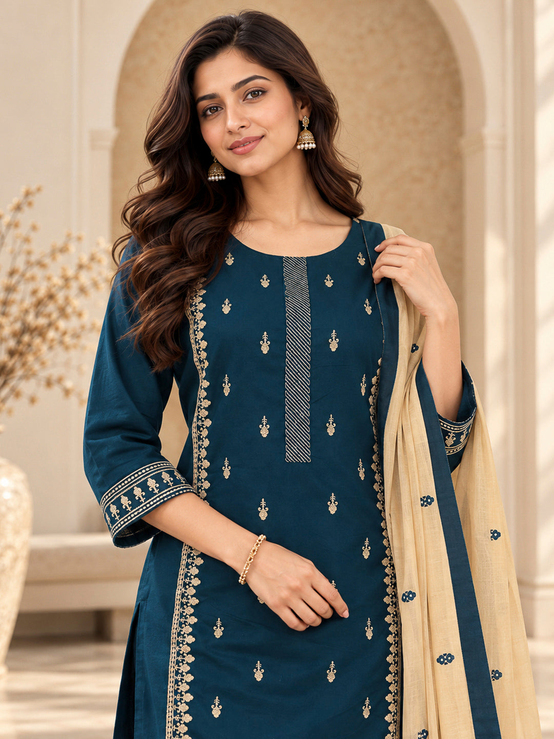 Teal Blue Cotton Blend Embroidered Kurta With Pant &amp; Dupatta