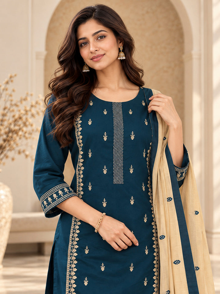 Teal Blue Cotton Blend Embroidered Kurta With Pant &amp; Dupatta