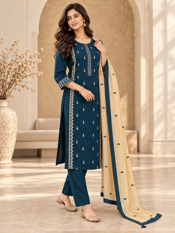 Teal Blue Cotton Blend Embroidered Kurta With Pant &amp; Dupatta