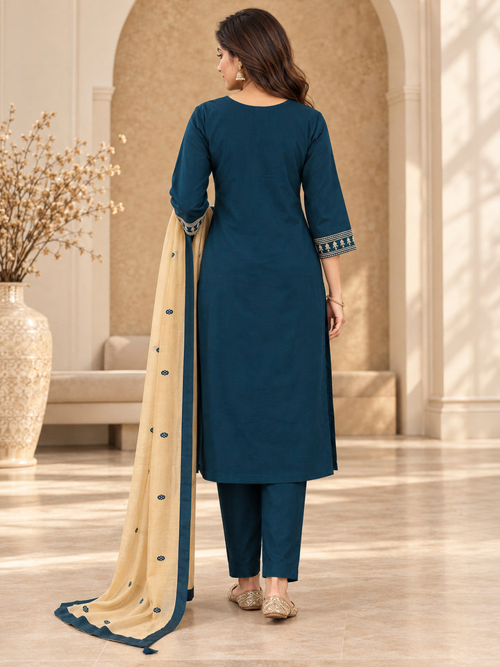 Teal Blue Cotton Blend Embroidered Kurta With Pant &amp; Dupatta
