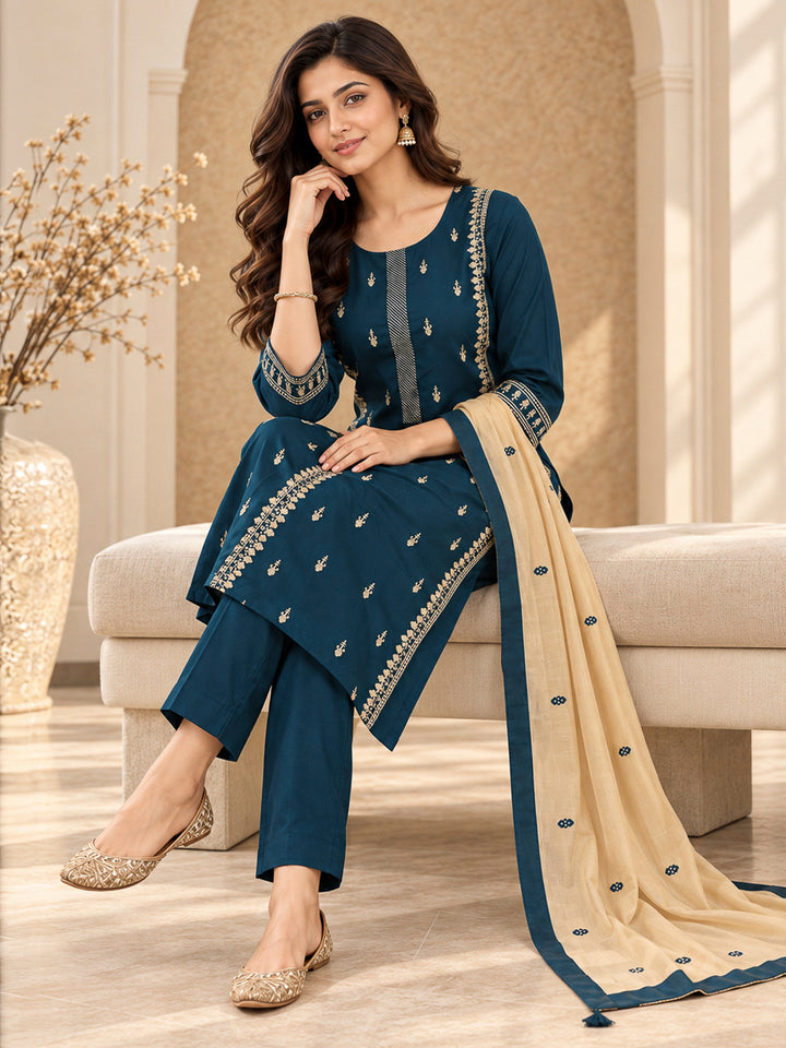 Teal Blue Cotton Blend Embroidered Kurta With Pant &amp; Dupatta
