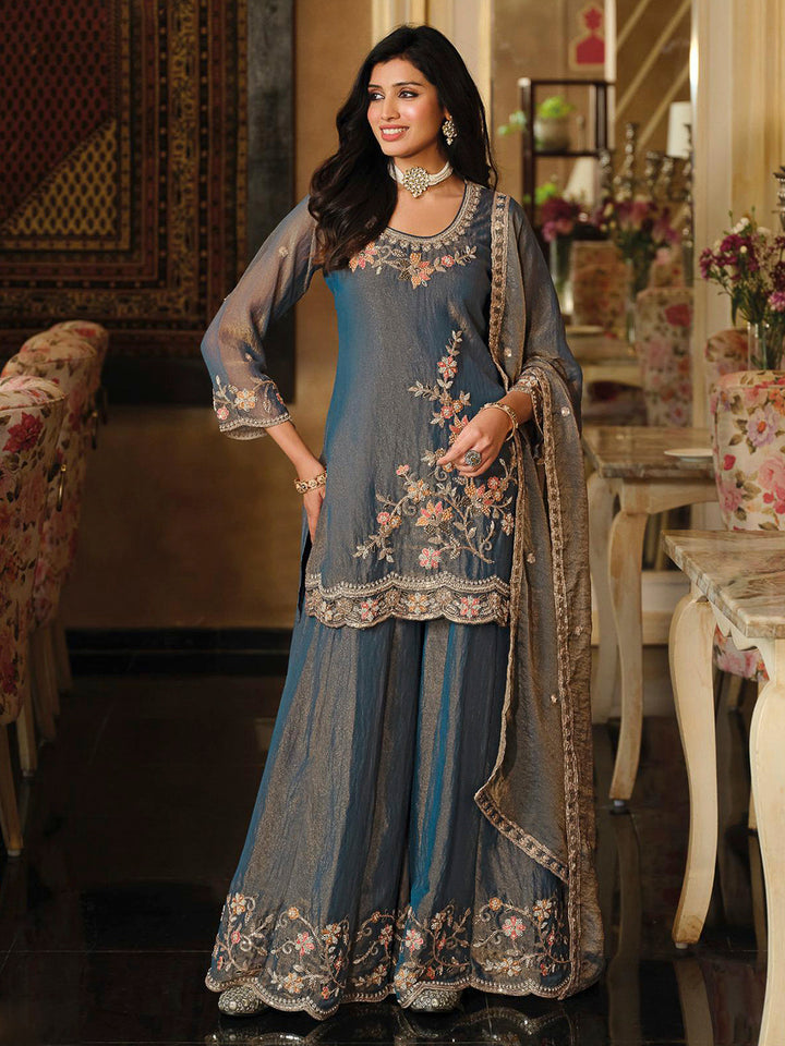 Steel Blue Satin Embroidered Kurta With Palazzo &amp; Dupatta
