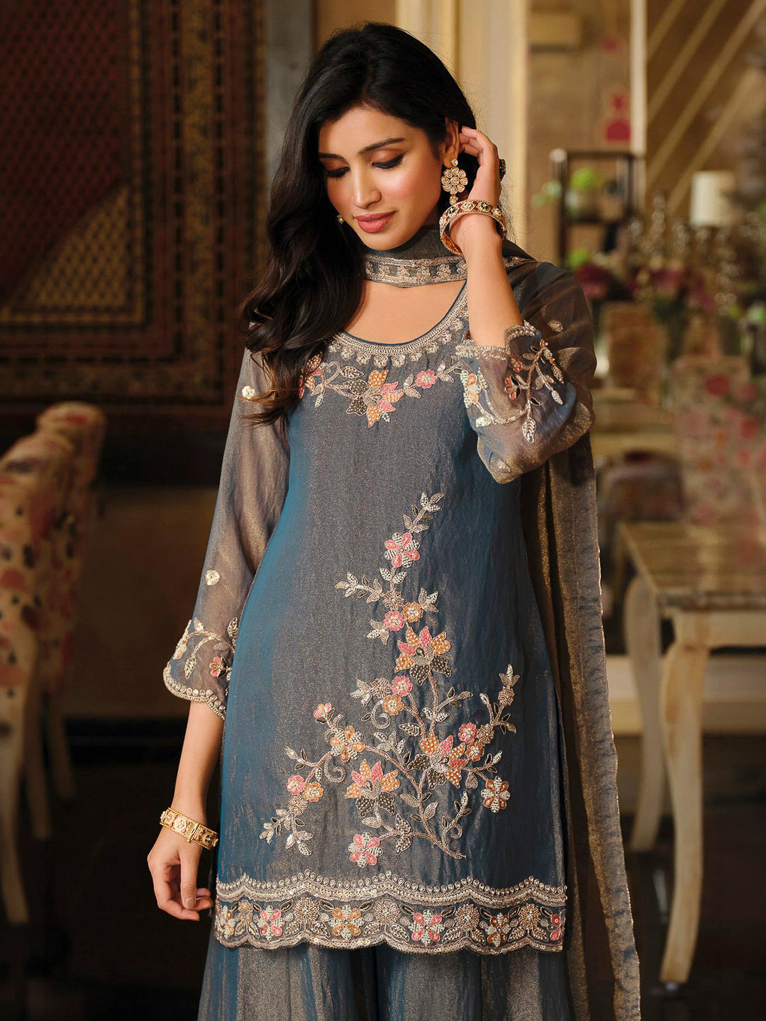 Steel Blue Satin Embroidered Kurta With Palazzo &amp; Dupatta