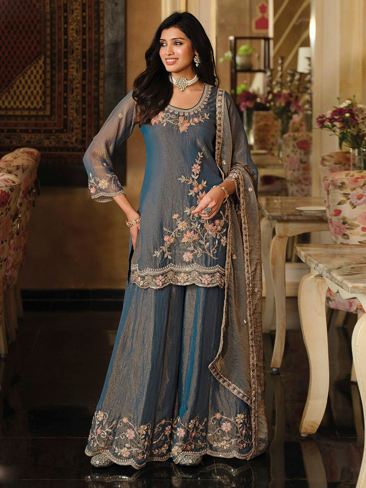 Steel Blue Satin Embroidered Kurta With Palazzo &amp; Dupatta