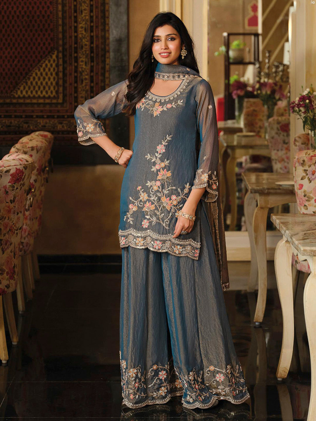 Steel Blue Satin Embroidered Kurta With Palazzo &amp; Dupatta