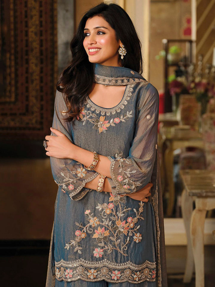 Steel Blue Satin Embroidered Kurta With Palazzo &amp; Dupatta