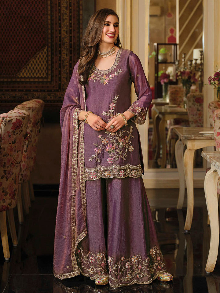 Purple Satin Embroidered Kurta With Palazzo &amp; Dupatta