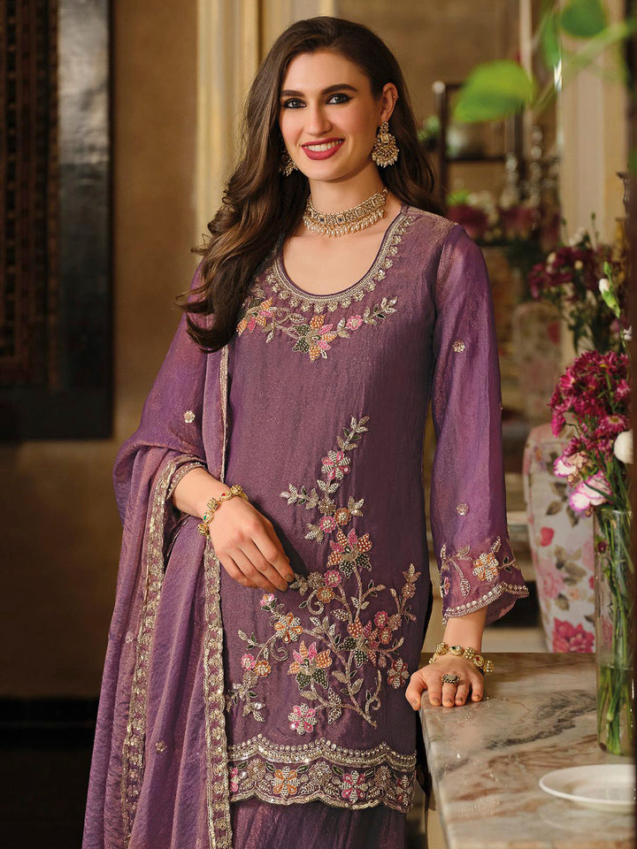 Purple Satin Embroidered Kurta With Palazzo &amp; Dupatta
