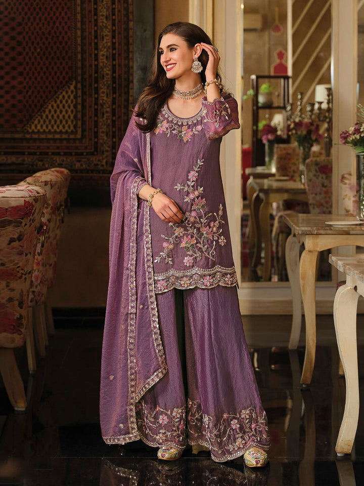 Purple Satin Embroidered Kurta With Palazzo &amp; Dupatta