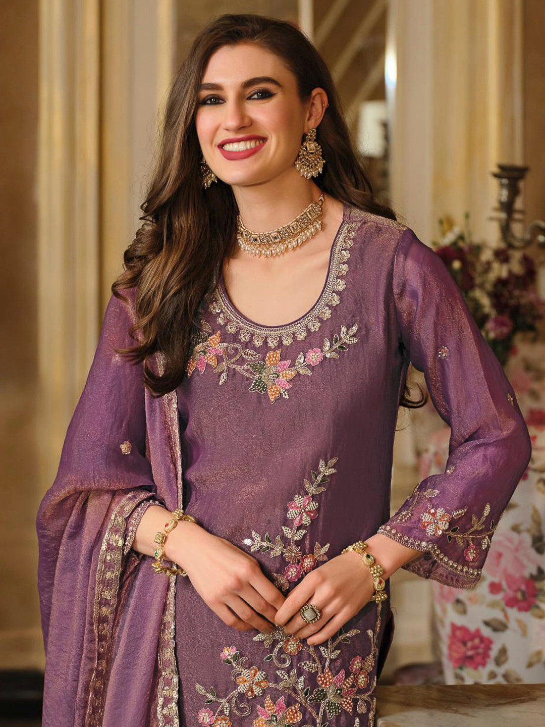 Purple Satin Embroidered Kurta With Palazzo &amp; Dupatta