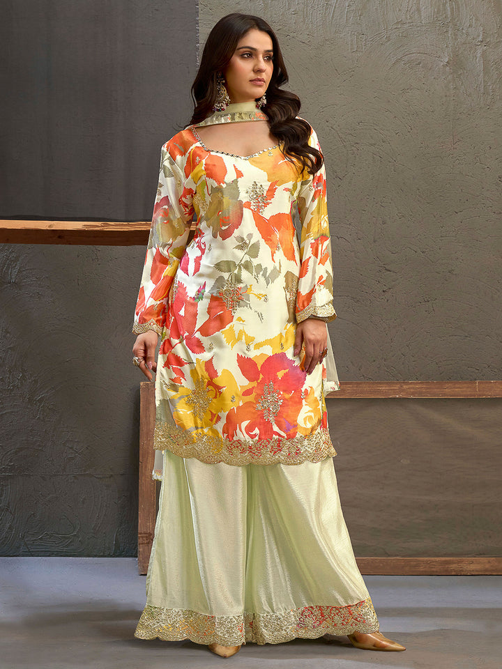 Cream Chinon Printed Kurta With Palazzo &amp; Dupatta