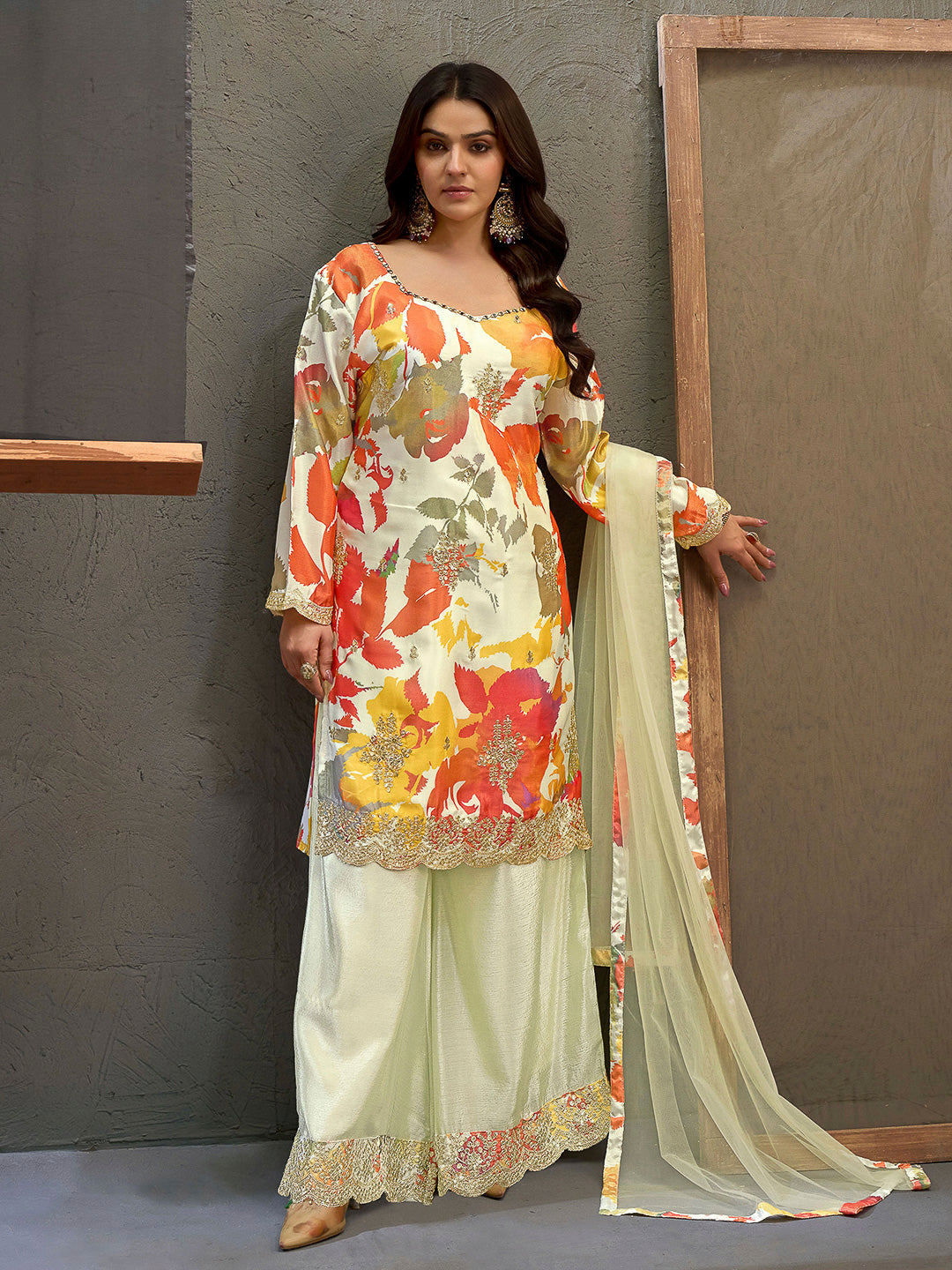 Cream Chinon Printed Kurta With Palazzo &amp; Dupatta