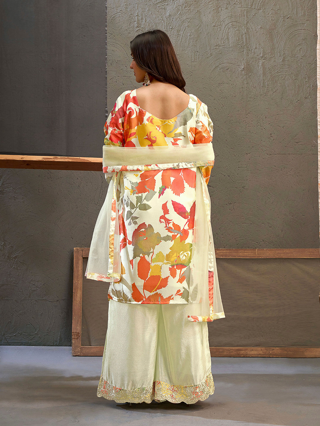 Cream Chinon Printed Kurta With Palazzo &amp; Dupatta