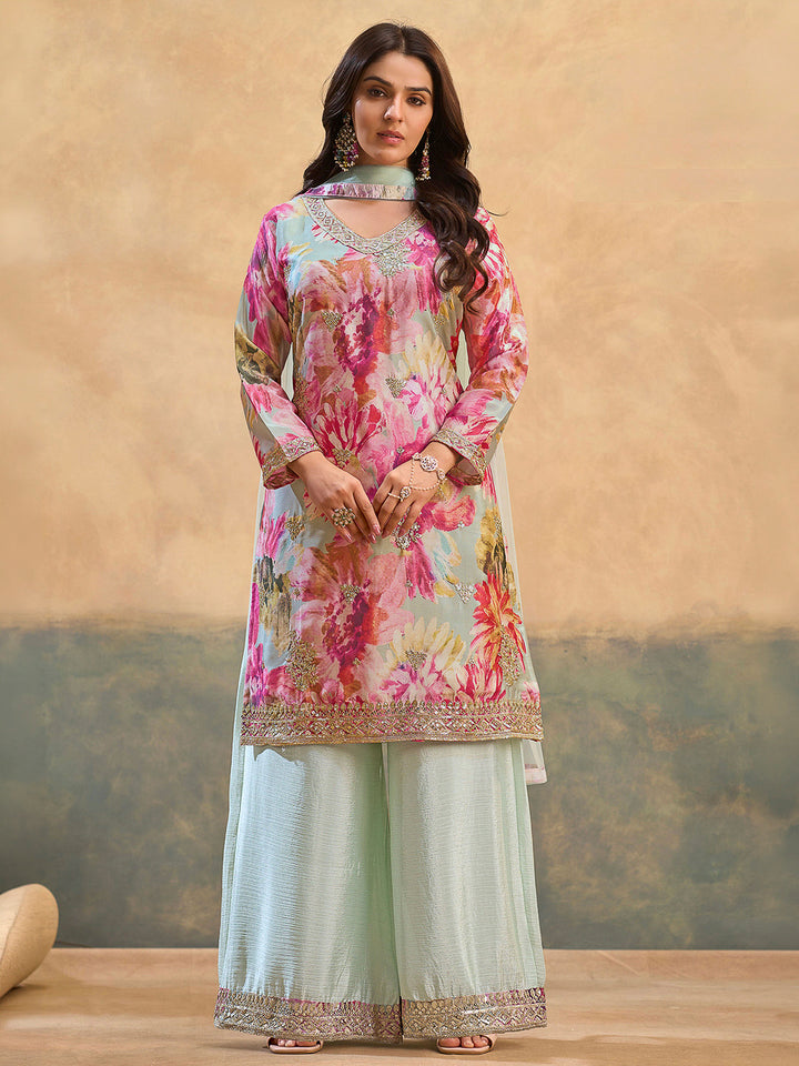 Pink Chinon Printed Kurta With Palazzo &amp; Dupatta