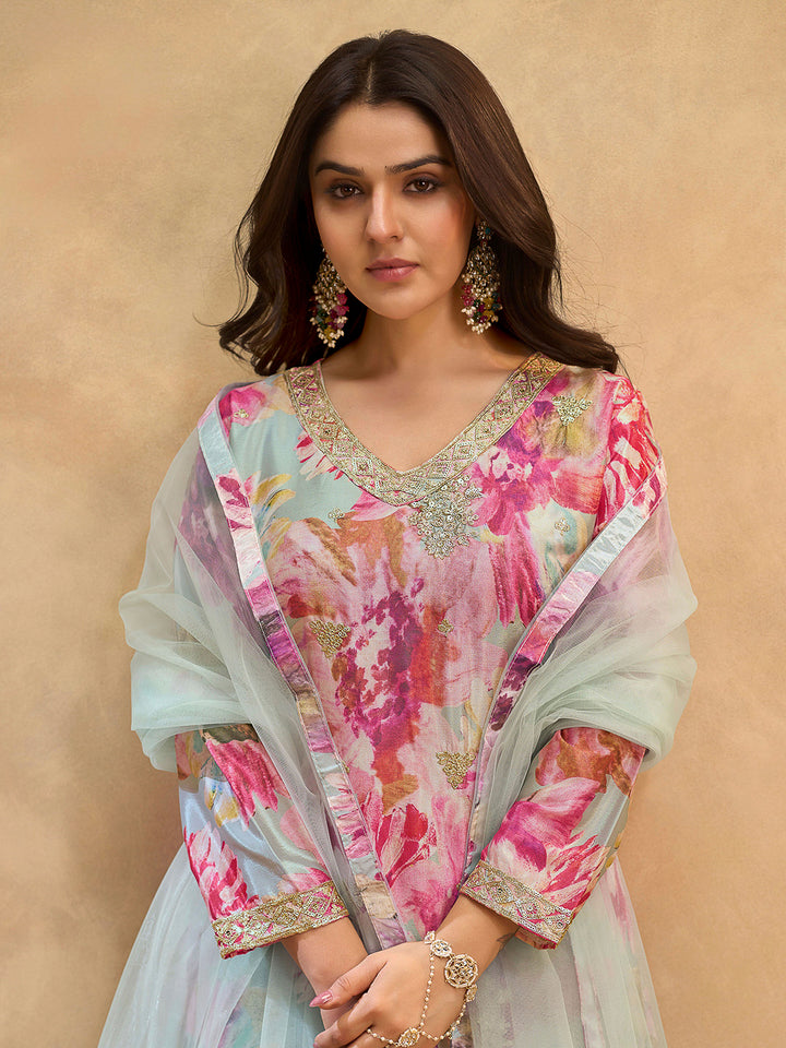 Pink Chinon Printed Kurta With Palazzo &amp; Dupatta