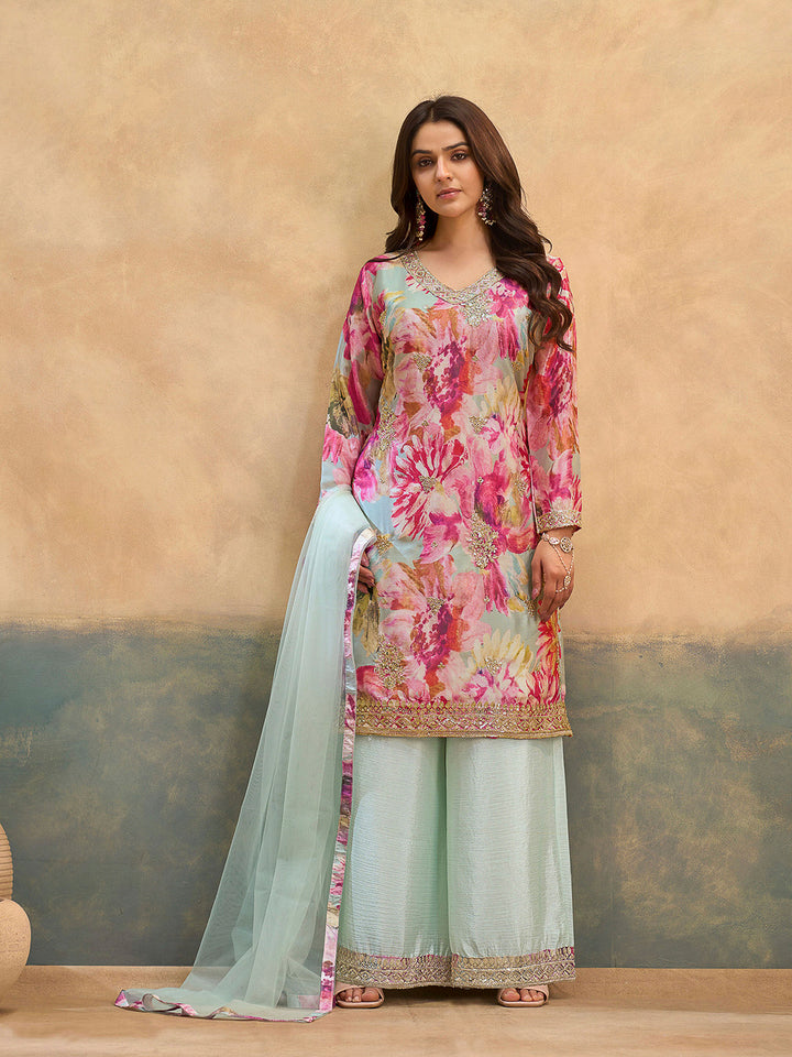 Pink Chinon Printed Kurta With Palazzo &amp; Dupatta