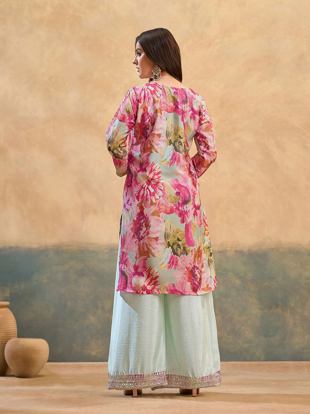 Pink Chinon Printed Kurta With Palazzo &amp; Dupatta