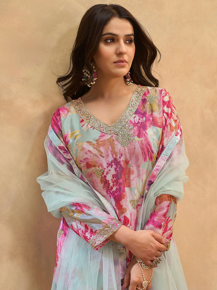 Pink Chinon Printed Kurta With Palazzo &amp; Dupatta