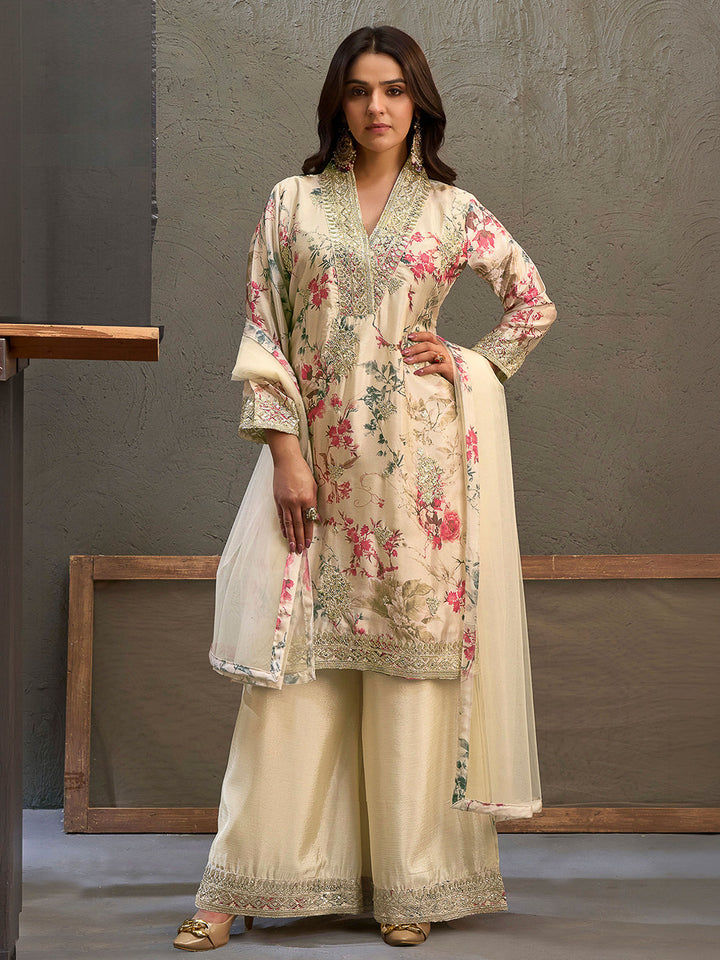 Beige Chinon Printed Kurta With Palazzo &amp; Dupatta